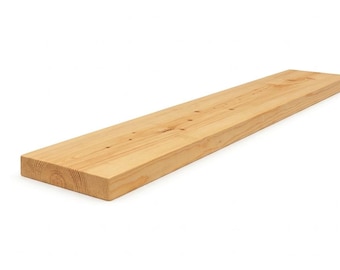 Könnte beinhalten: Ein rechteckiges Regalbrett aus Holz mit einer natürlichen hellbraunen Oberfläche, die sichtbare Holzmaserungen und Astlöcher aufweist. Das Brett hat eine glatte, flache Oberseite sowie gerade, saubere Kanten und zeigt die organische Textur.