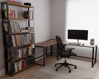 6-Tier Industrial Wood & Metal Shelving Unit: Solid Wood Shelves, Angle Steel Frame, Tall Bookcase, Bookshelf, Display Cabinet