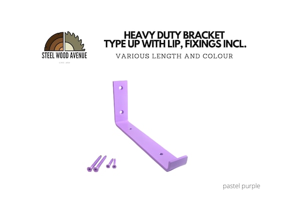 Pastel Purple Powder Coated Heavy Duty Shelf Bracket, Style Up with Lip, Screws Included, Metal Shelving Hardware, Solid Brick Masonry Wall