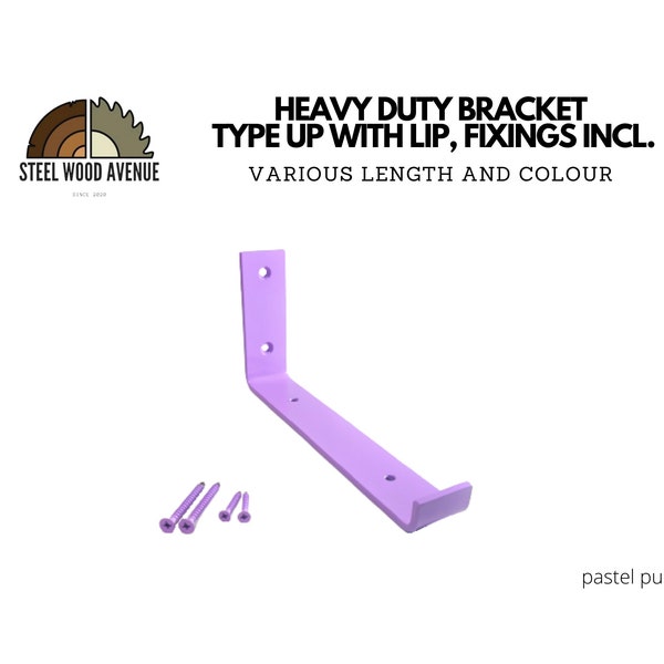 Pastel Purple Powder Coated Heavy Duty Shelf Bracket, Style Up with Lip, Screws Included, Metal Shelving Hardware, Solid Brick Masonry Wall