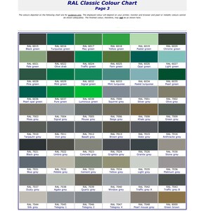 May include: A color chart showing RAL Classic paint colors. The chart is divided into squares, each with a different color. The colors are labeled with their RAL number and name. The chart is titled "RAL Classic Colour Chart, Page 3".