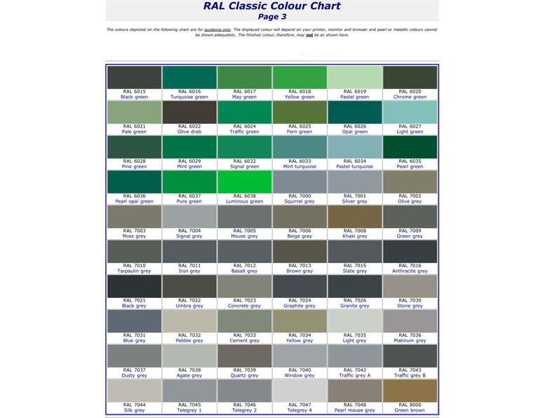 May include: A color chart showing RAL Classic paint colors. The chart is divided into squares, each with a different color. The colors are labeled with their RAL number and name. The chart is titled "RAL Classic Colour Chart, Page 3".