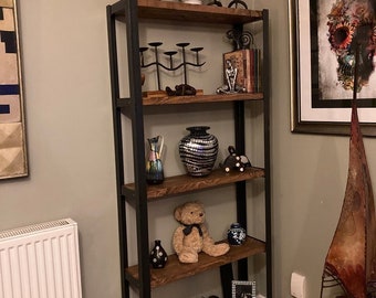 Open Industrial Angle Steel Bookcase with Reclaimed Wood Shelves, Adjustable Feet, Free Standing Shelving Unit, Various Size