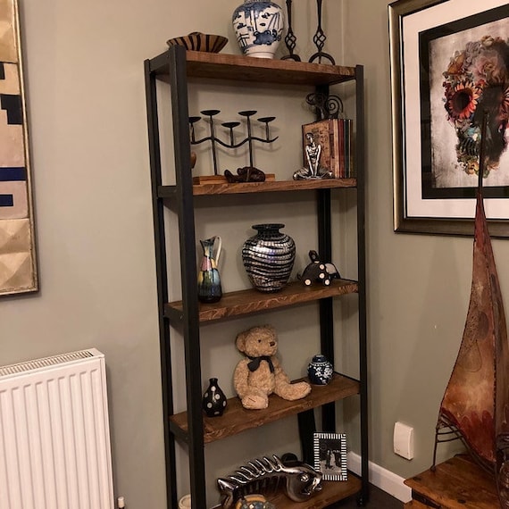 Open Industrial Angle Steel Bookcase with Reclaimed Wood Shelves, Adjustable Feet, Free Standing Shelving Unit, Various Size