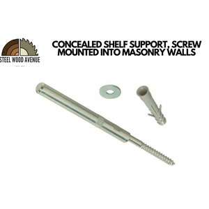 May include: A silver metal shelf support with a screw and a plastic anchor. The shelf support is designed to be mounted into masonry walls. The text "CONCEALED SHELF SUPPORT, SCREW MOUNTED INTO MASONRY WALLS" is visible in the image.