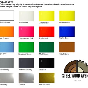 May include: Color chart with 15 paint color samples, including clear lacquer, pure white, zinc yellow, colza yellow, pure orange, telemagenta pink, traffic red, traffic blue, light blue, kawasaki green, mint green, clay brown, squirrel grey, anthracite grey, jet black, silver grey, chrome, and metallic gold. The chart also includes the text "STEEL WOOD AVENUE SINCE 2020".