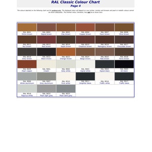 May include: A color chart with 24 different RAL paint colors. The chart is divided into four rows of six colors each. The colors are labeled with their RAL number and name. The chart is titled "RAL Classic Colour Chart Page 4".