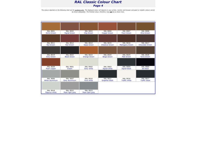 May include: A color chart with 24 different RAL paint colors. The chart is divided into four rows of six colors each. The colors are labeled with their RAL number and name. The chart is titled "RAL Classic Colour Chart Page 4".