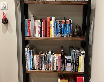 Open Industrial Angle Steel Bookcase with Reclaimed Wood Shelves, Adjustable Feet, Free Standing Shelving Unit, Various Size