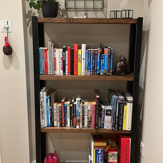 Open Industrial Angle Steel Bookcase with Reclaimed Wood Shelves, Adjustable Feet, Free Standing Shelving Unit, Various Size