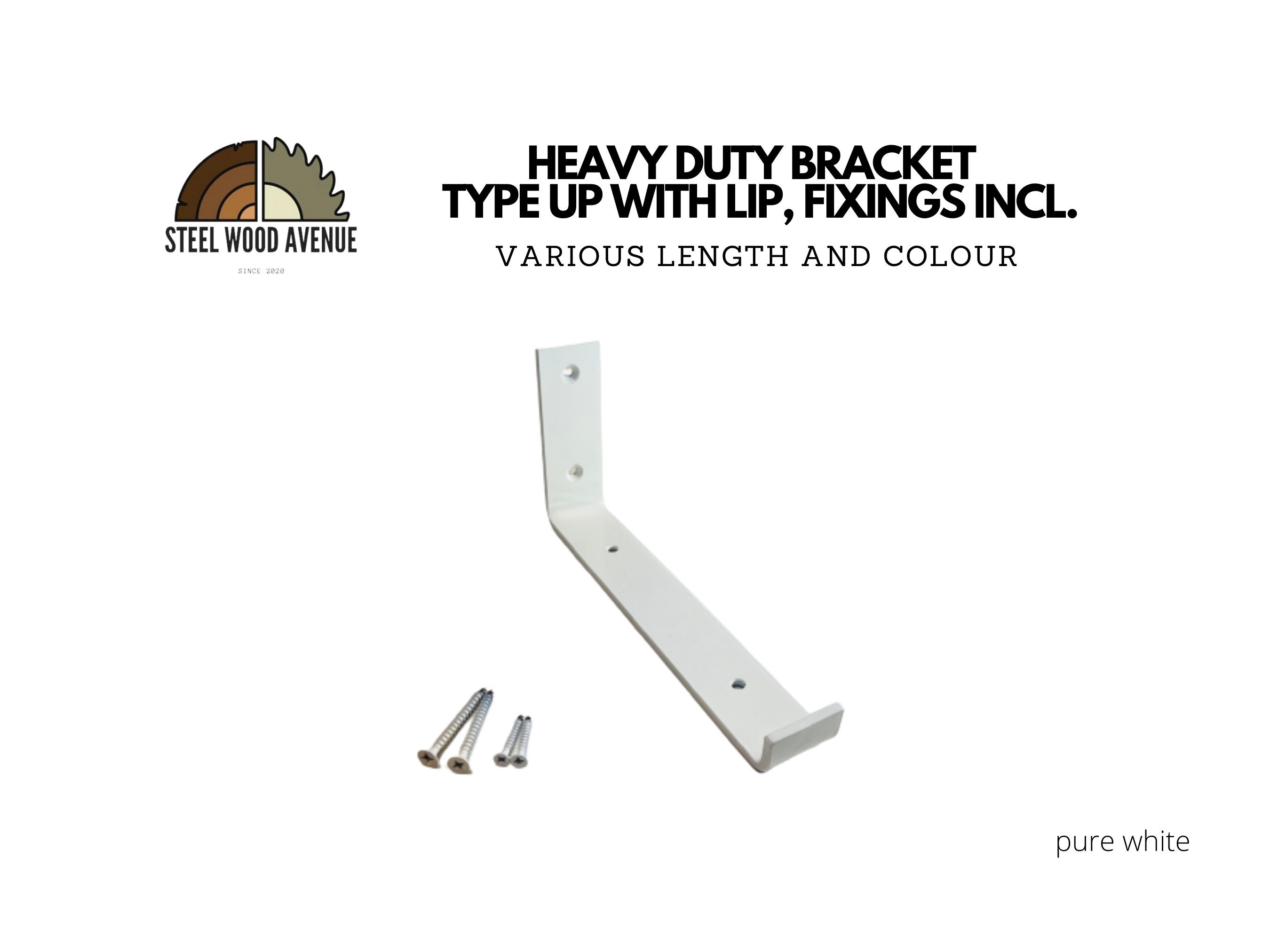 White Powder Coated Heavy Duty Shelf Bracket, Style Up with Lip, Screws Included, Metal Shelving Hardware, Solid Brick Masonry Wall