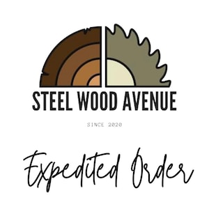 May include: Logo for Steel Wood Avenue, a company that specializes in wood products. The logo features a stylized image of a saw blade and a piece of wood. The text "Steel Wood Avenue" is written below the image, with the words "Since 2020" written below that. The text "Expedited Order" is written in cursive below the logo.