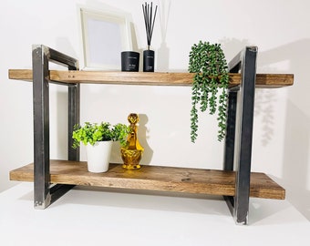 2-Tier Industrial Wood & Metal Shelving Unit: Solid Wood Shelves, Square Tube Steel Frame,  TV Console, Low Bookcase, Bookshelf