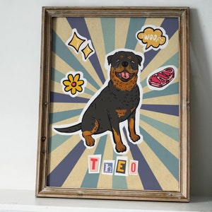 Retrato retro personalizado de mascota, retrato colorido de perro, regalo para dueño de perro, dibujo divertido de mascota, pintura de perro personalizada, arte de pared retro para mascota, póster de perro