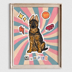 Retrato de perro personalizado, retrato de mascota retro, dibujo de perro colorido, regalo para amantes de las mascotas, pintura de perro personalizada, impresión de pared de perro retro, arte de pared moderno