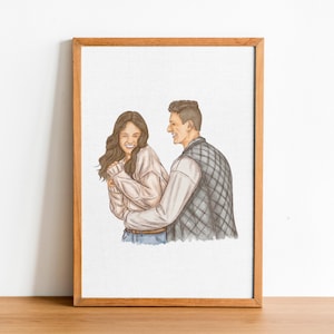 Illustrazione di ritratto di coppia, ritratto ad acquerello personalizzato, pittura ad acquerello a olio, disegno di coppia, disegno di arte lineare, regalo di coppia personalizzato