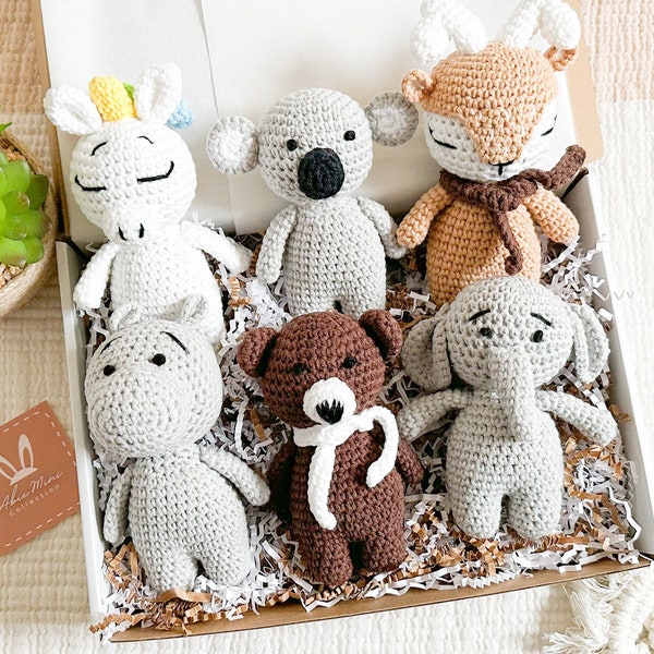 Cotton Crochet Amigurumi Stuffed Doll Animal Toys Unicorn Deer Bear Koala Hippo Natural Wood Teether,Photo Prop,Unique Newborn Baby Gift