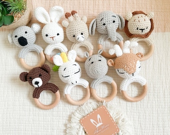 Baby Cotton Crochet Animals Rattle Natural Wood Teether, Photo Prop, Unique Newborn Announcement Gift, Handmade Stuffed Doll, Bunny