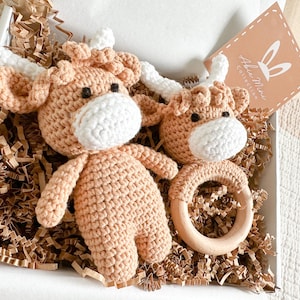 Peut inclure: Une bo&icirc;te cadeau remplie de papier de soie brun contient deux jouets en crochet en forme de vache Highland marron et blanche. L'un est un plus grand jouet en peluche et l'autre est un plus petit jouet &agrave; hochet avec un anneau en bois. La bo&icirc;te contient &eacute;galement une petite carte avec le texte "Abbie Mae Collection".