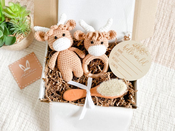Baby Shower Gift Set|Cute Neutral Gift for Baby Girl,Boy|Crochet Amigurumi Highland Cow Toy and  Rattle|Welcome Gift, New Mom Gift