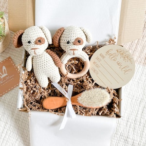 Baby Shower Gift Set|Cute Neutral Gift for Baby Girl,Boy|Crochet Amigurumi Brown Puppy Dog Rattle|Welcome Gift, New Mom Gift
