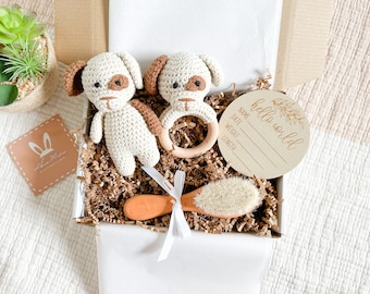 Baby Shower Gift Set|Cute Neutral Gift for Baby Girl,Boy|Crochet Amigurumi Brown Puppy Dog Rattle|Welcome Gift, New Mom Gift
