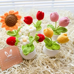 May include: A collection of five crocheted flower arrangements in white ceramic pots. The arrangements include a sunflower, daisies, strawberries, and tulips in various colors, including red, pink, yellow, and orange. The pots are sitting on a bed of white shredded paper.