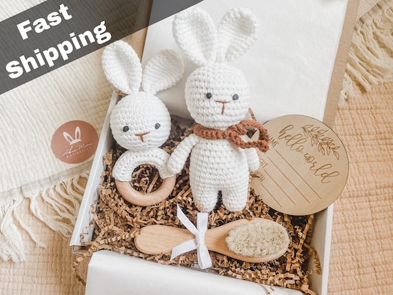 Baby Shower Gift Set|Cute Neutral Gift for Baby Girl,Boy|Crochet Amigurumi Bunny Rattle|Welcome Gift, New Mom Gift