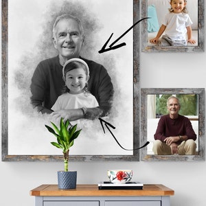 May include: A black and white portrait of a man and a young girl. The man is holding the girl on his lap. The portrait is framed in a rustic wood frame. There are two smaller framed portraits of the girl and the man on the wall.