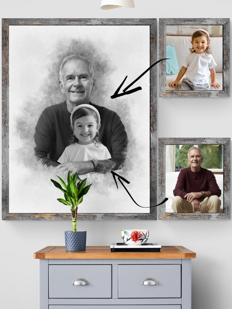 May include: A black and white portrait of a man and a young girl. The man is holding the girl on his lap. The portrait is framed in a rustic wood frame. There are two smaller framed portraits of the girl and the man on the wall.