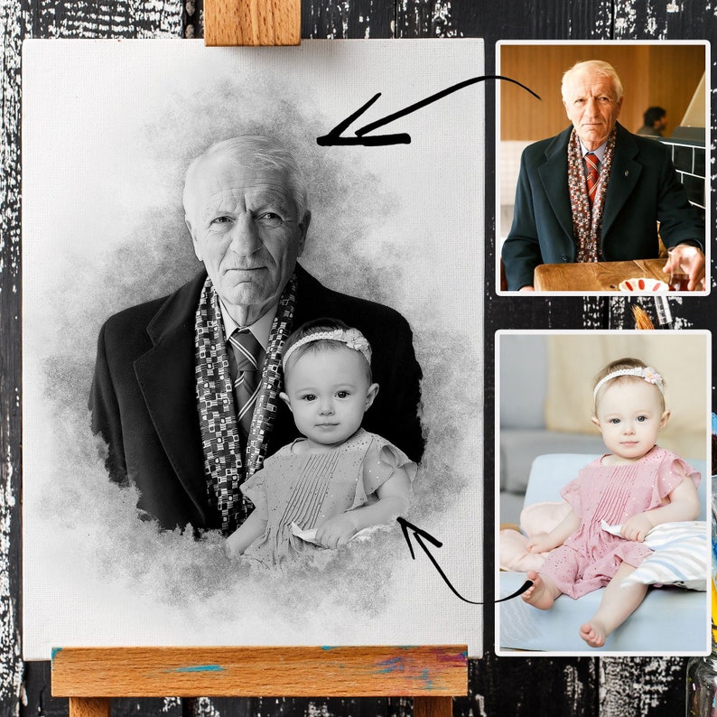 May include: Black and white pencil drawing of an older man with a white beard holding a young girl in a pink dress. The drawing is on a white canvas.