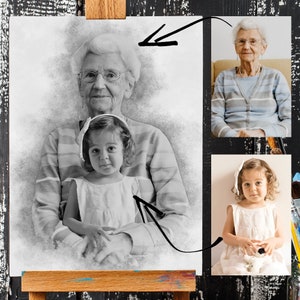 May include: A black and white pencil drawing of an older woman holding a young girl on her lap. The woman is wearing a striped shirt and the girl is wearing a white dress. The drawing is on a white canvas.