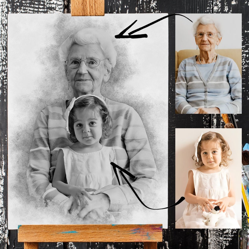 May include: A black and white pencil drawing of an older woman holding a young girl on her lap. The woman is wearing a striped shirt and the girl is wearing a white dress. The drawing is on a white canvas.