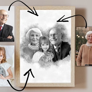 May include: A black and white pencil drawing of a family with a young girl holding a rabbit. The drawing is framed in a light wood frame.