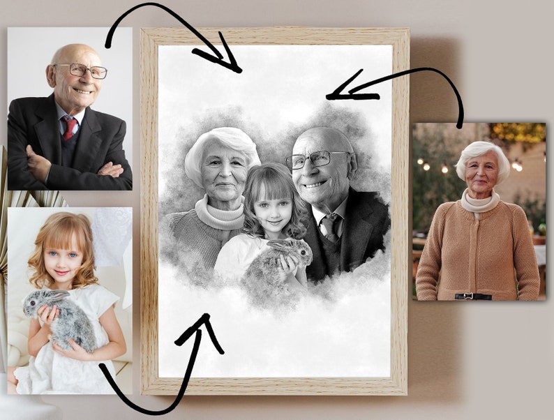 May include: A black and white pencil drawing of a family with a young girl holding a rabbit. The drawing is framed in a light wood frame.