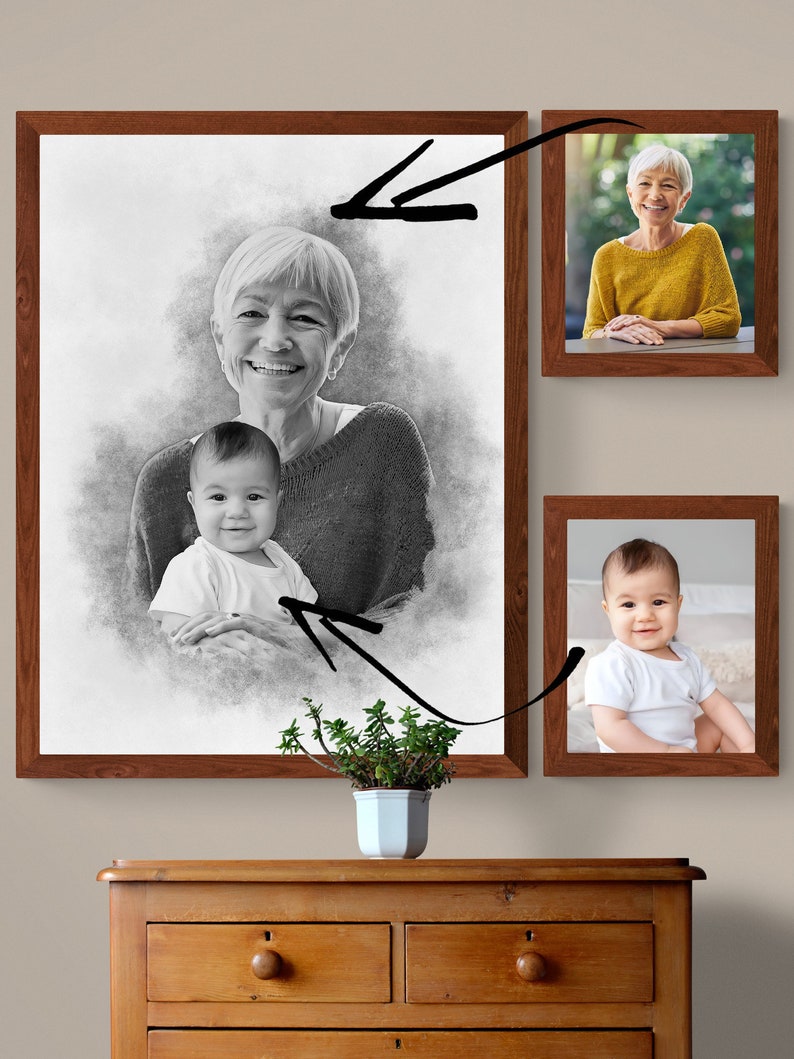 May include: A black and white pencil sketch of a grandmother and grandchild. The grandmother is smiling and holding the child. The child is looking at the camera. The sketch is framed in a brown wooden frame.
