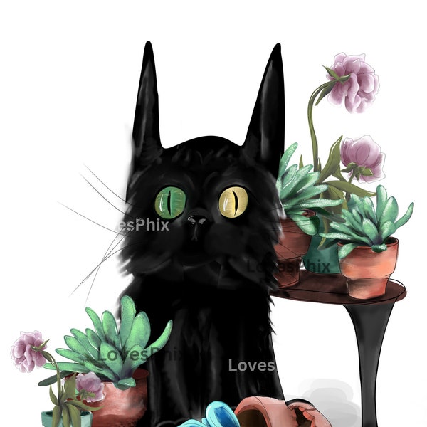 Cat Art, Cat Comic, Cartoon Cat Illustration, Cat and plants Decor,  I Do What I Want, Cattitude, Pet Shaming, Cats, Black Cats, Funny Cat