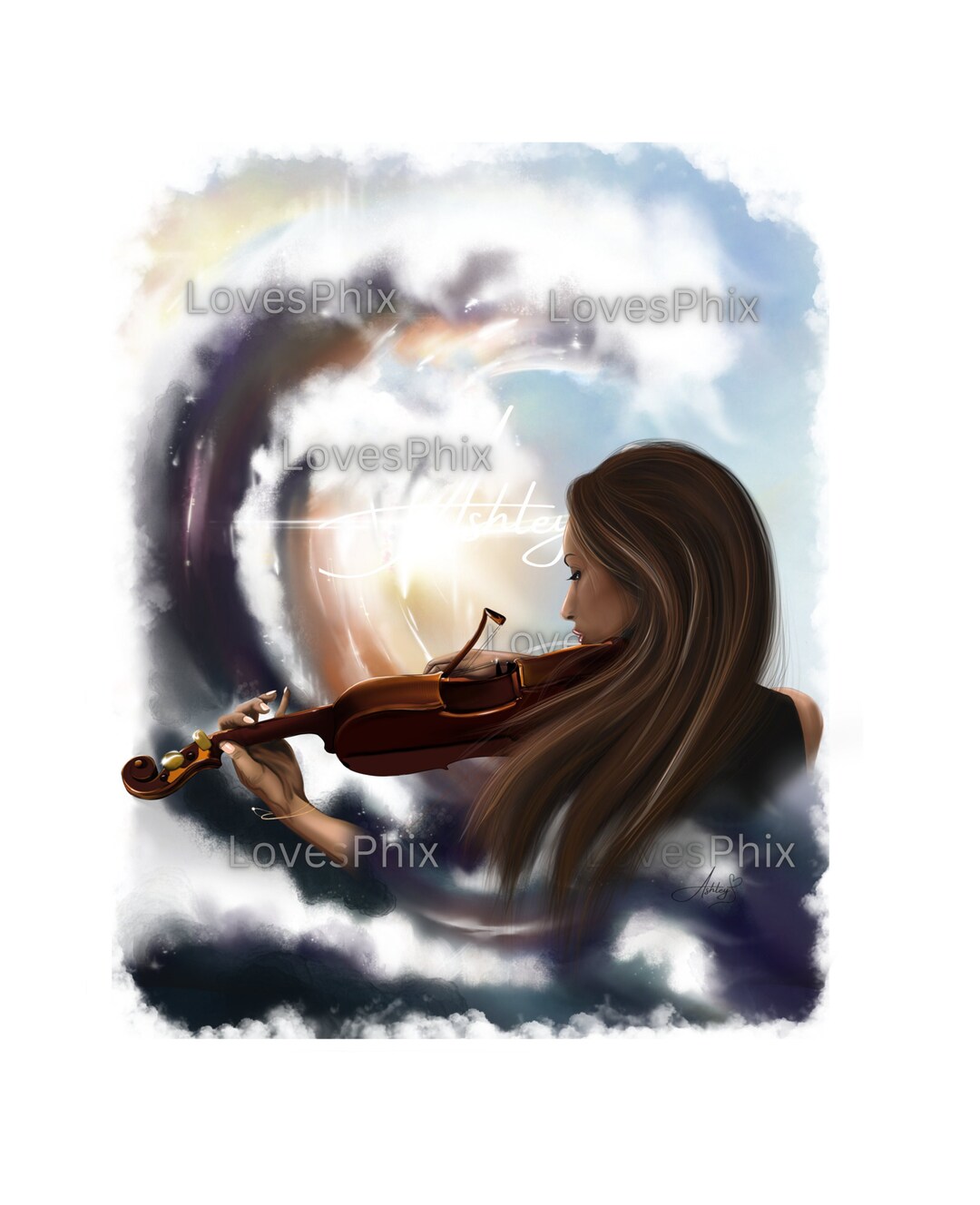 Woman Theme, Violin Fiddle Illustration, Ocean Art, Music Theme Sea of