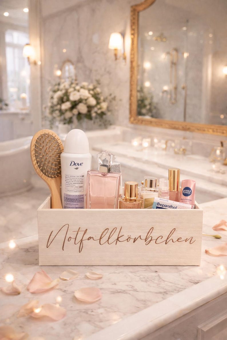 Wedding emergency basket, wedding decoration, wedding gift, wedding idea, wedding toilet basket, wedding accessories, wedding emergency kit image 1