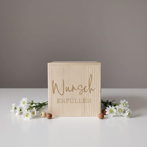Wooden money box, cube-shaped, personalized with custom text, piggy bank, money gift, birthday, Christmas, engraving, wish fulfiller