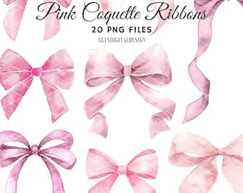 Clipart de lazo rosa de acuarela: Lazos pastel suaves, marcos (PNG, descarga digital)