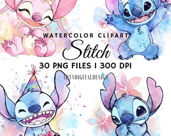 May include: Watercolor clipart featuring four images of the character Stitch in various poses. One image is pink, and the others are blue. The images are set against a watercolor background with text that reads "WATERCOLOR CLIPART Stitch 30 PNG FILES I 300 DPI".