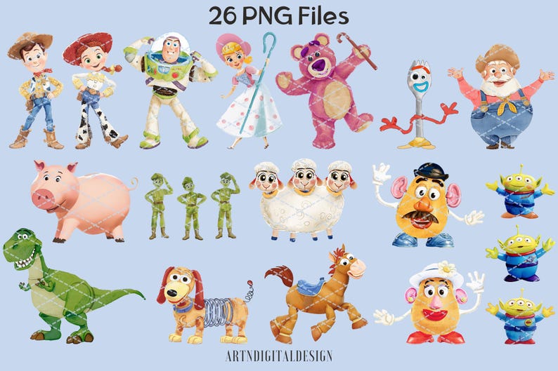 Akwarela Toy Story PNG Clipart, Woody, Jessie, Obcy, Buzz Lightyear, Forky, Slinky, Rex, Bo Peep, Pan i Pani Ziemniak, Dekoracja na przyjęcie urodzinowe zdjęcie 2