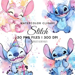 Stitch Splash Akvarell Clipart, Söt Stitch och Ängel Clip Art, PNG-filer, Sublimering, Hög upplösning, Digital Design, Tyg PNG POD