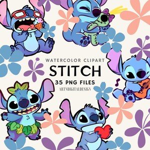 Conjunto de imágenes prediseñadas de Stitch con acuarela, Lilo & Stitch, Stitch lindo PNG, ángel, Stitch dibujado a mano, arte infantil adorable