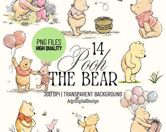 Winnie the Pooh und Freunde klassische Clipart PNG, Pooh der Bär Aquarell Clip Art, Retro Holz Geburtstagsfeier, Babyparty, Kinderzimmer Dekor