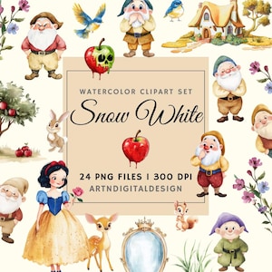白雪姫のクリップアート集 | 水彩PNG | デジタルダウンロード | おとぎ話のプリンセスパーティー＆保育園のデコレーション | 七人の小人、毒リンゴ