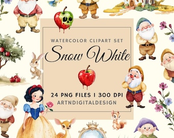 Snow White Clipart Bundle | Watercolor PNGs | Digital Download | Fairytale Princess Party & Nursery Decor | Seven Dwarfs, Poisoned Apple
