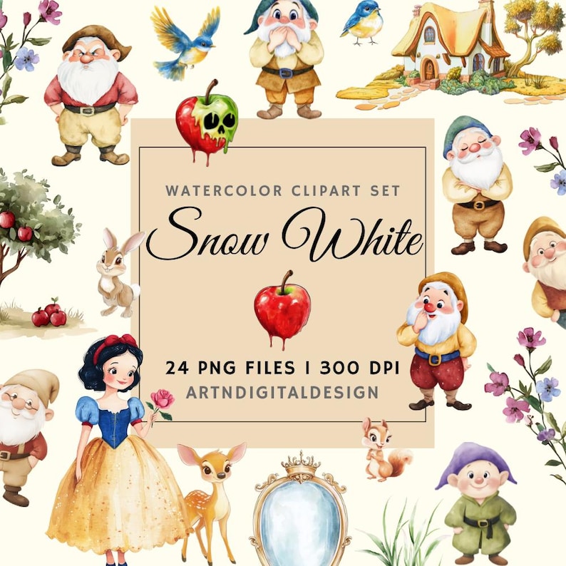 Snow White Clipart Bundle | Watercolor PNGs | Digital Download | Fairytale Princess Party & Nursery Decor | Seven Dwarfs, Poisoned Apple image 1