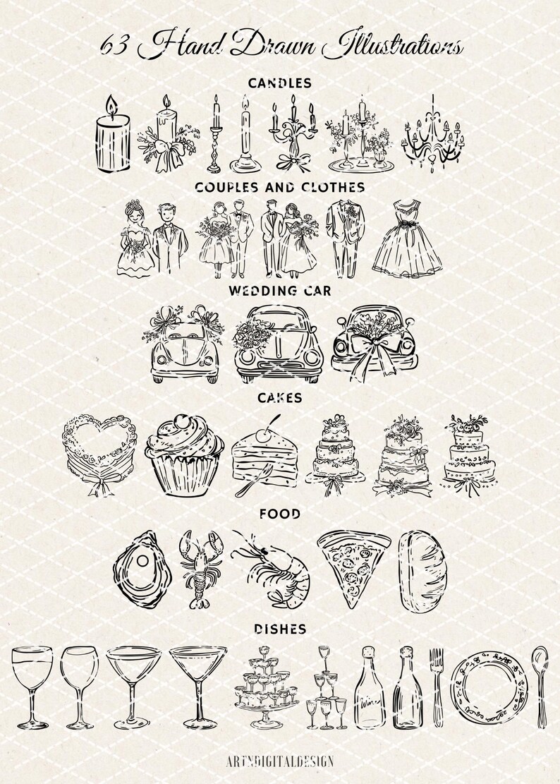 Whimsical Handdrawn Wedding SVG PNG Clipart Bundle, Illustrations for Invitations, Icons, Menu, Wavy Squiggle, Commercial Use image 2